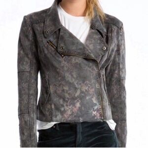 Anthropologie Marrakech Marni Gray Antique Floral Print Faux Suede Moto Jacket